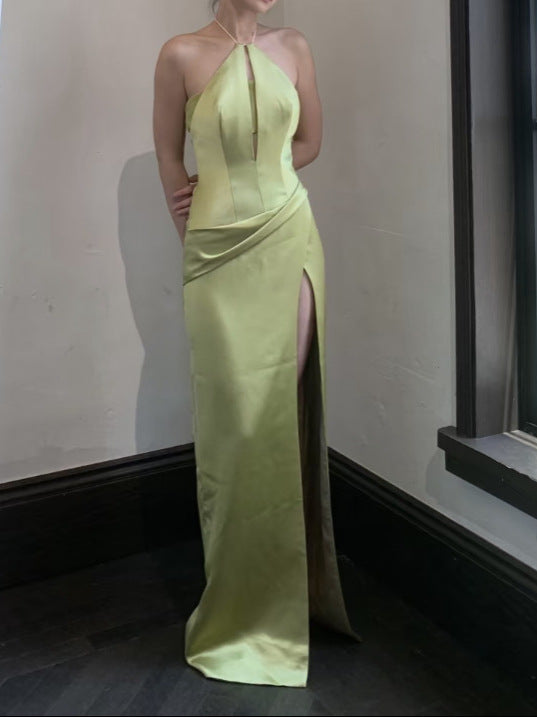 Corisande Chartreuse Satin Halter Slit Gown - photo 2 | Orabella