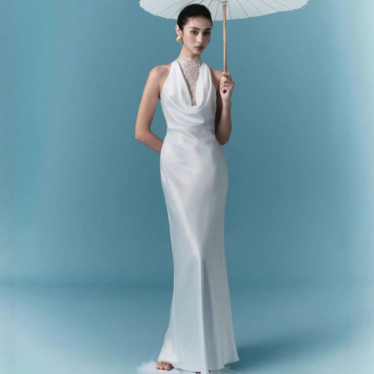 Cosette Satin Lace-Collar Halterneck Mermaid Gown - photo 1 | Orabella