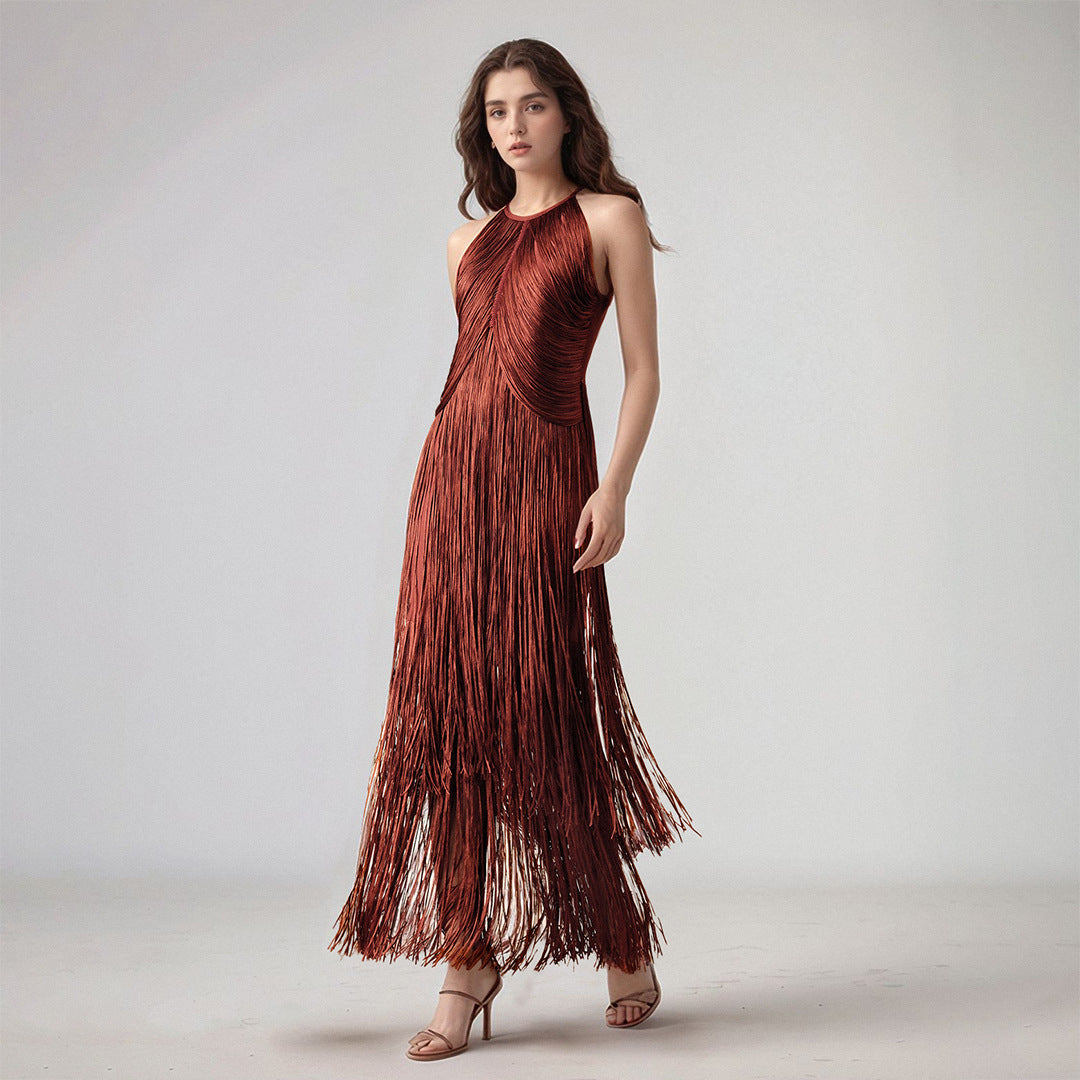 Cross-border new design tassels, sleeveless waist bandage dresses, celebrity parties, stage performance dresses, women's clothing — front view