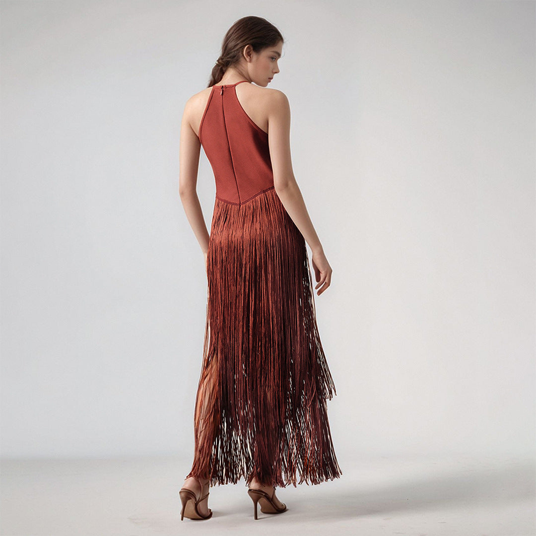 Cross-border new design tassels, sleeveless waist bandage dresses, celebrity parties, stage performance dresses, women's clothing — full length