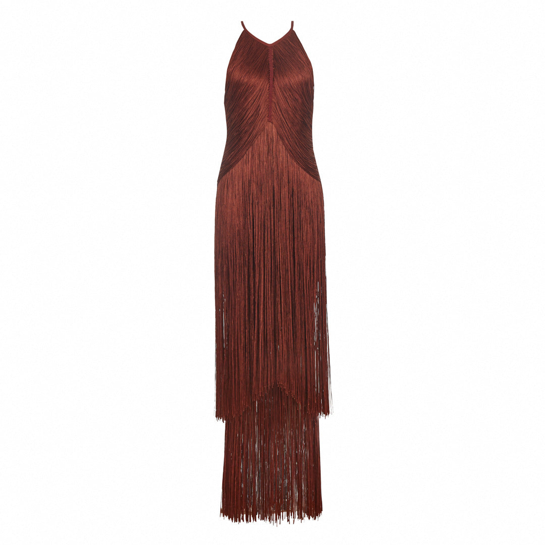 Cross-border new design tassels, sleeveless waist bandage dresses, celebrity parties, stage performance dresses, women's clothing — back view