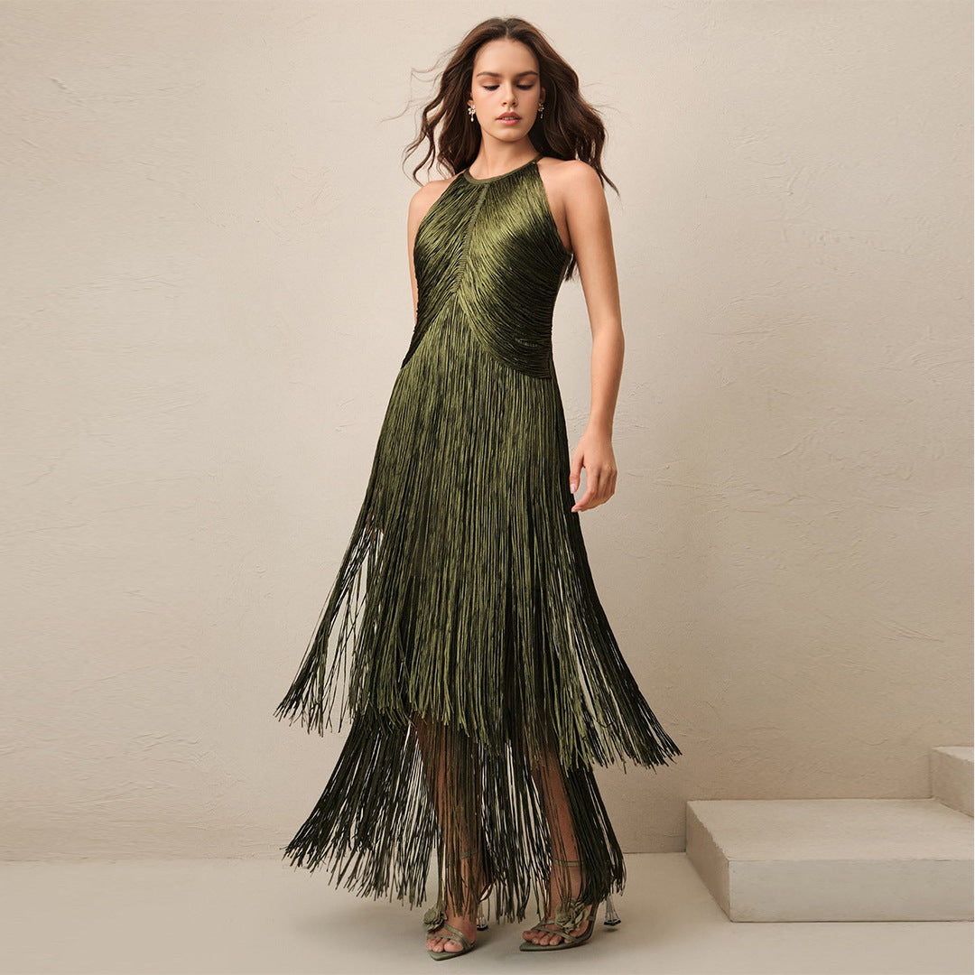 Cross-border new design tassels, sleeveless waist bandage dresses, celebrity parties, stage performance dresses, women's clothing — close-up detail