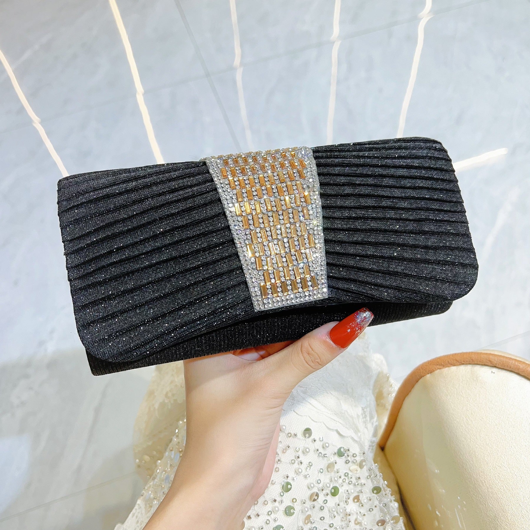 Crystal Band Pleated Evening Clutch — silhouette
