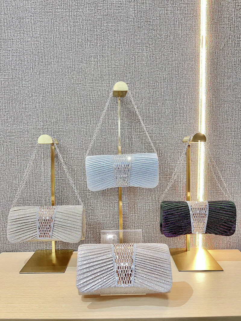 Crystal Band Pleated Evening Clutch — fabric and detail
