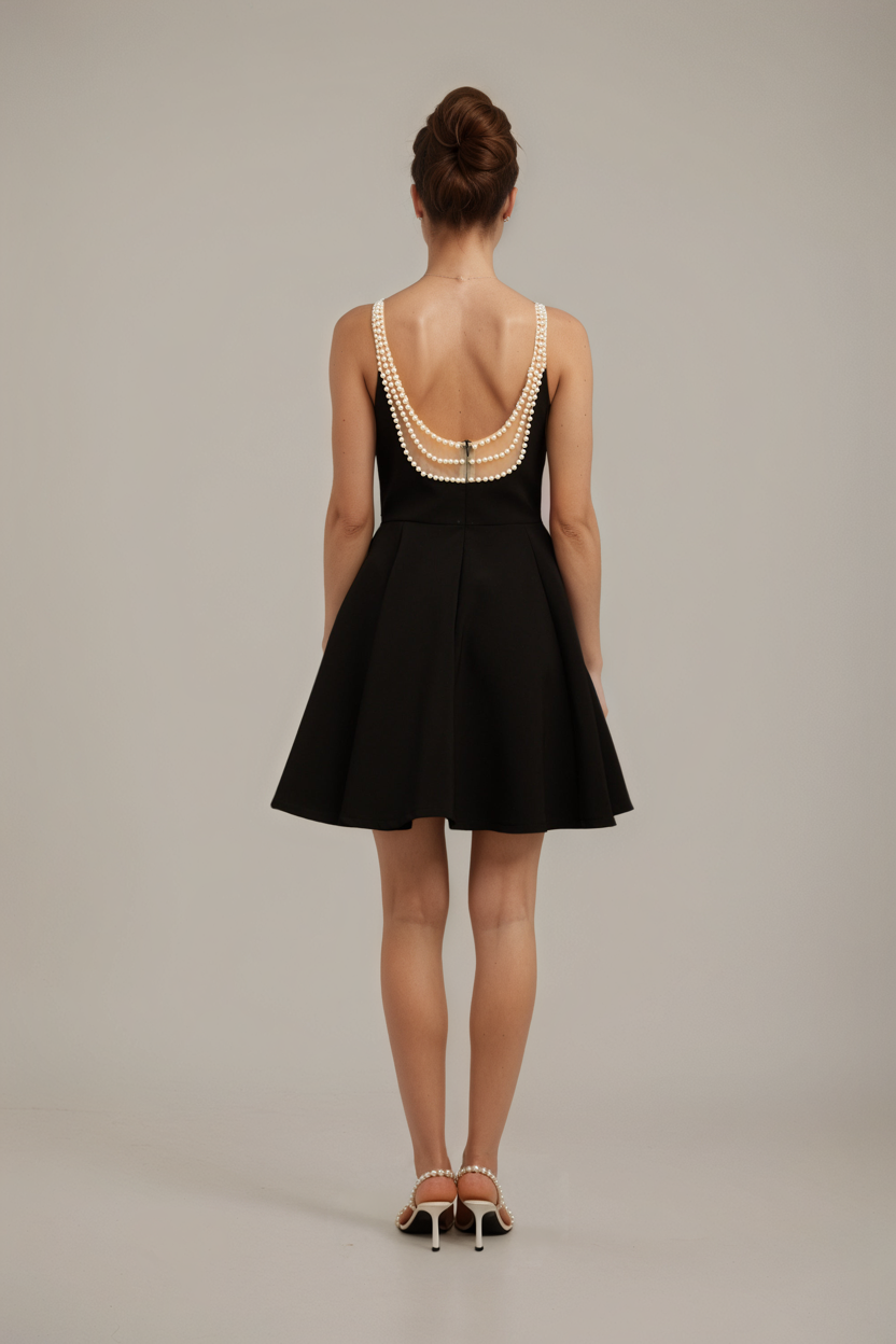 Pearl Neckline Fit-and-Flare Black Mini Dress