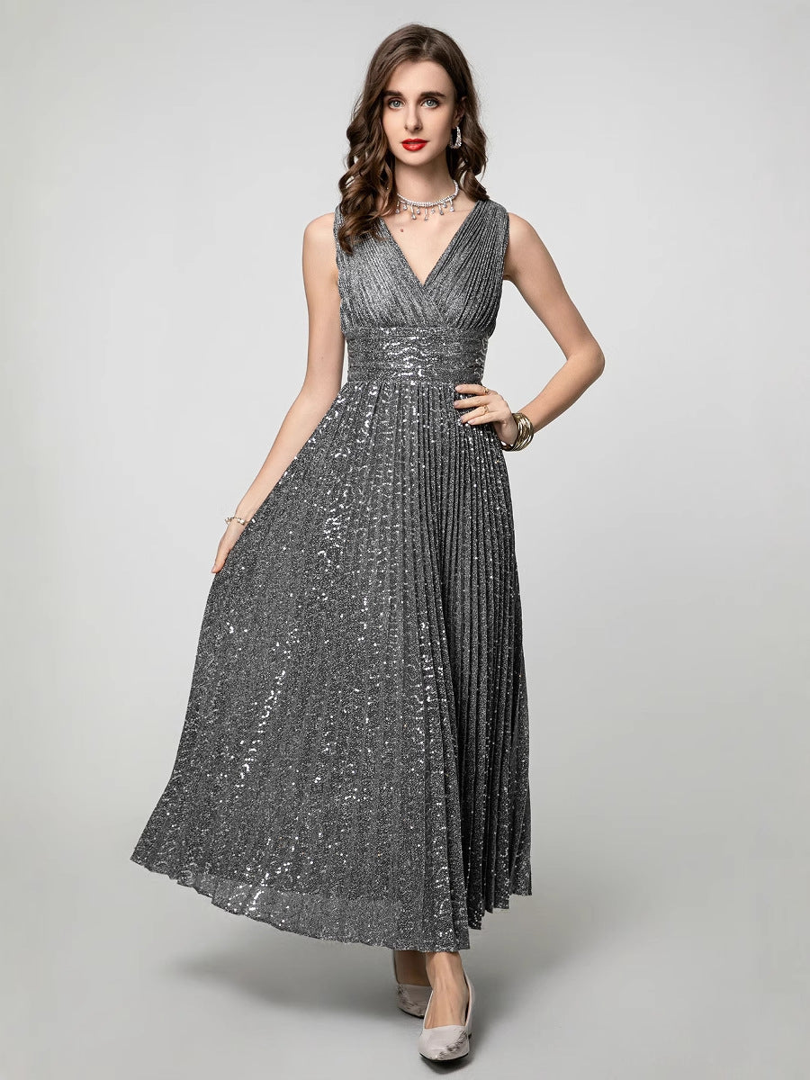 Daria Embellished Pleated V-Neck Dress — front view