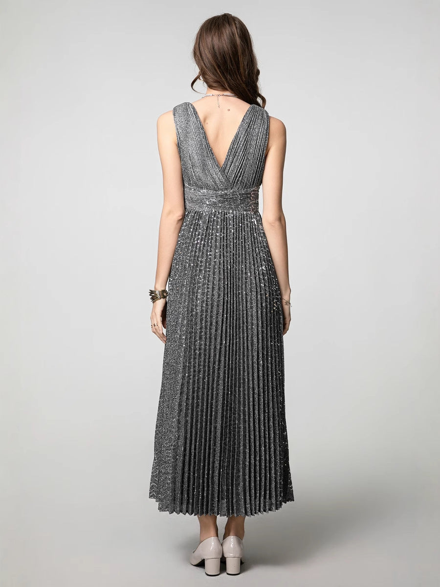 Daria Embellished Pleated V-Neck Dress — full length