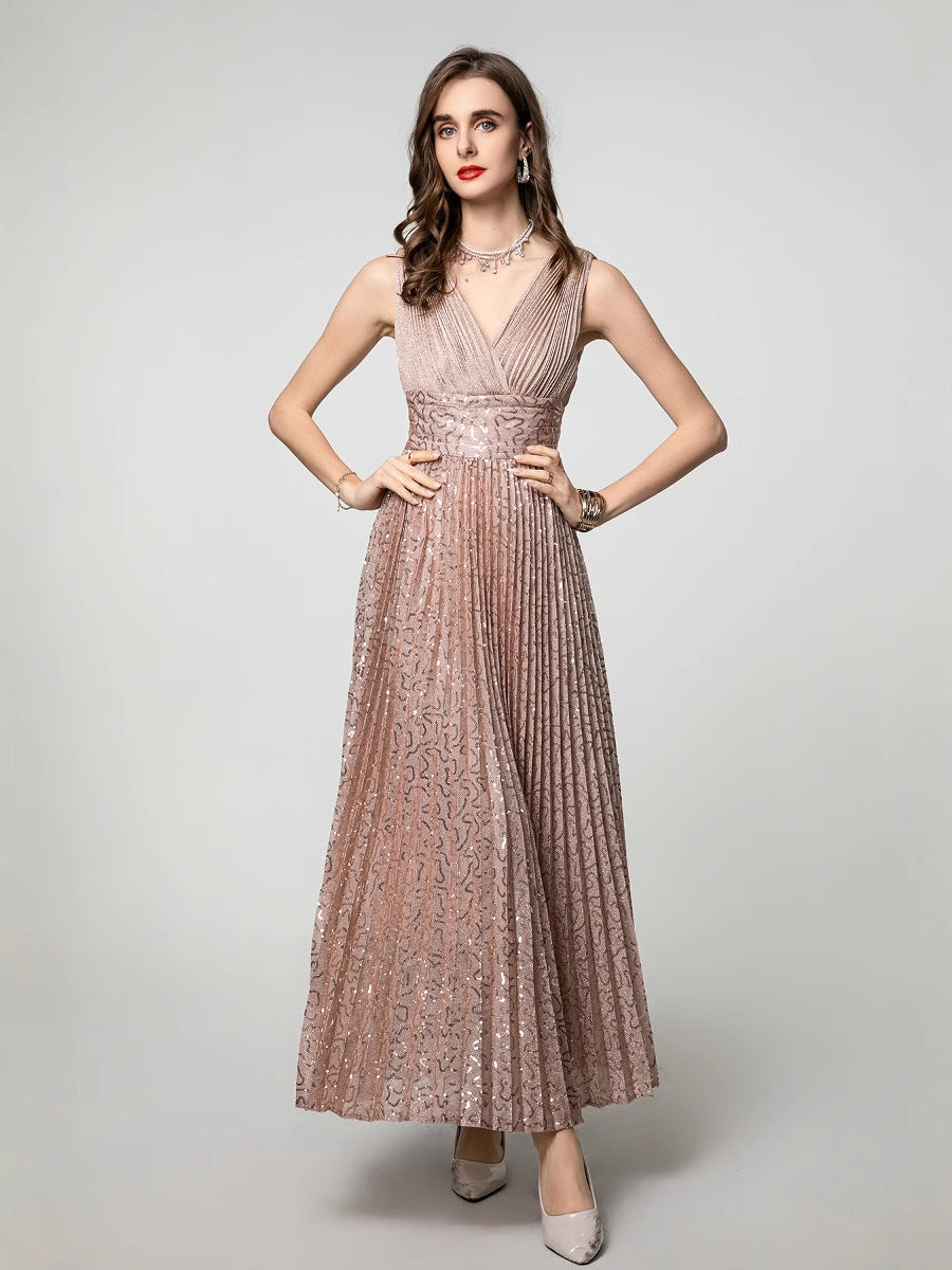 Daria Embellished Pleated V-Neck Dress — styled look