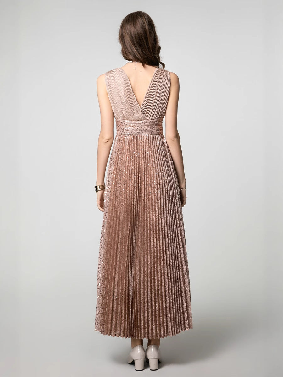Daria Embellished Pleated V-Neck Dress — fabric and detail