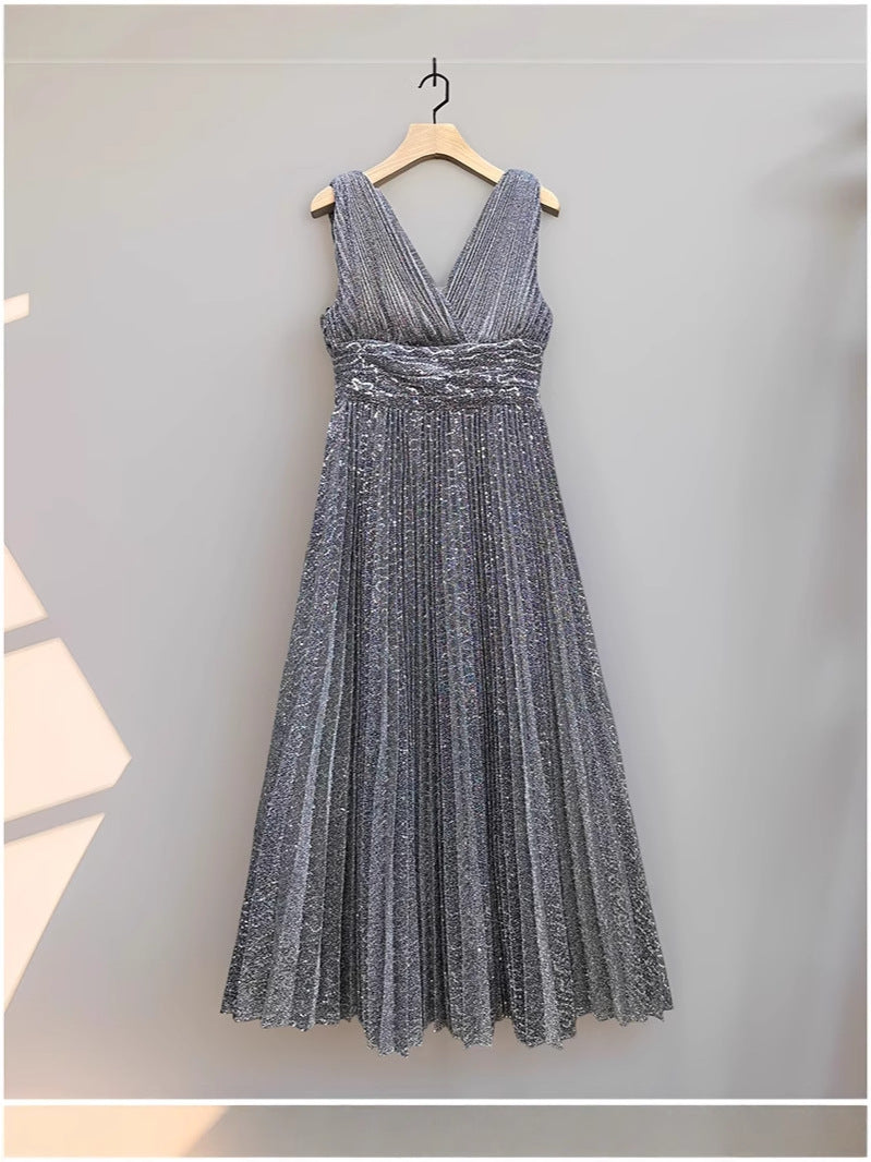 Daria Embellished Pleated V-Neck Dress — back view