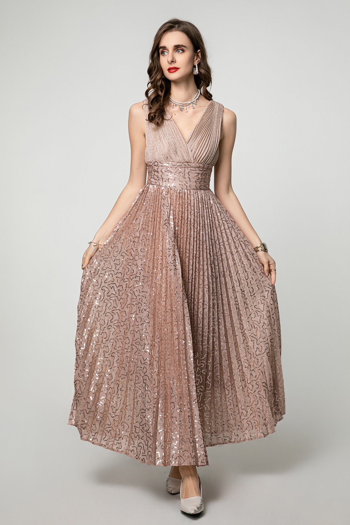 Daria Embellished Pleated V-Neck Dress — close-up detail