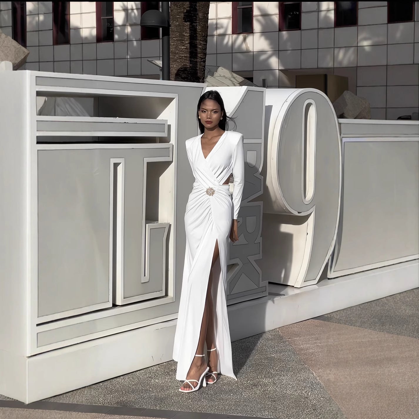 Deep V Diamond Buckle Split Evening Dress — full length