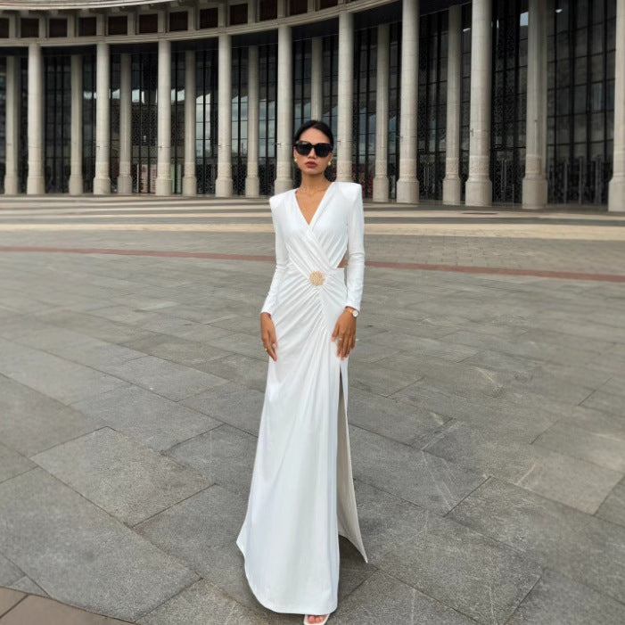 Deep V Diamond Buckle Split Evening Dress — styled look