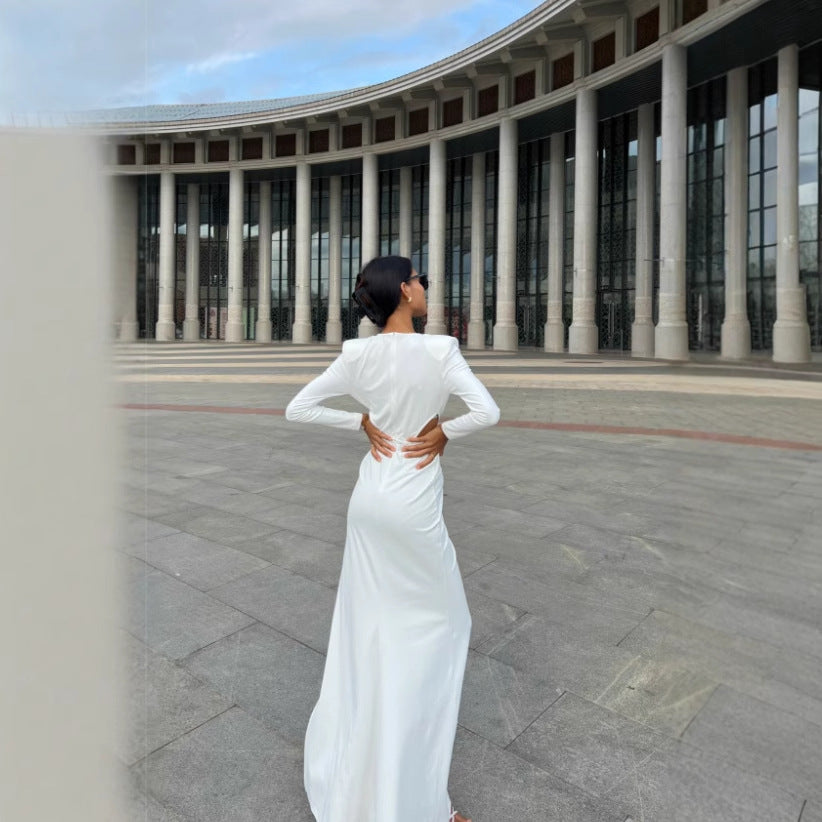 Deep V Diamond Buckle Split Evening Dress — fabric and detail