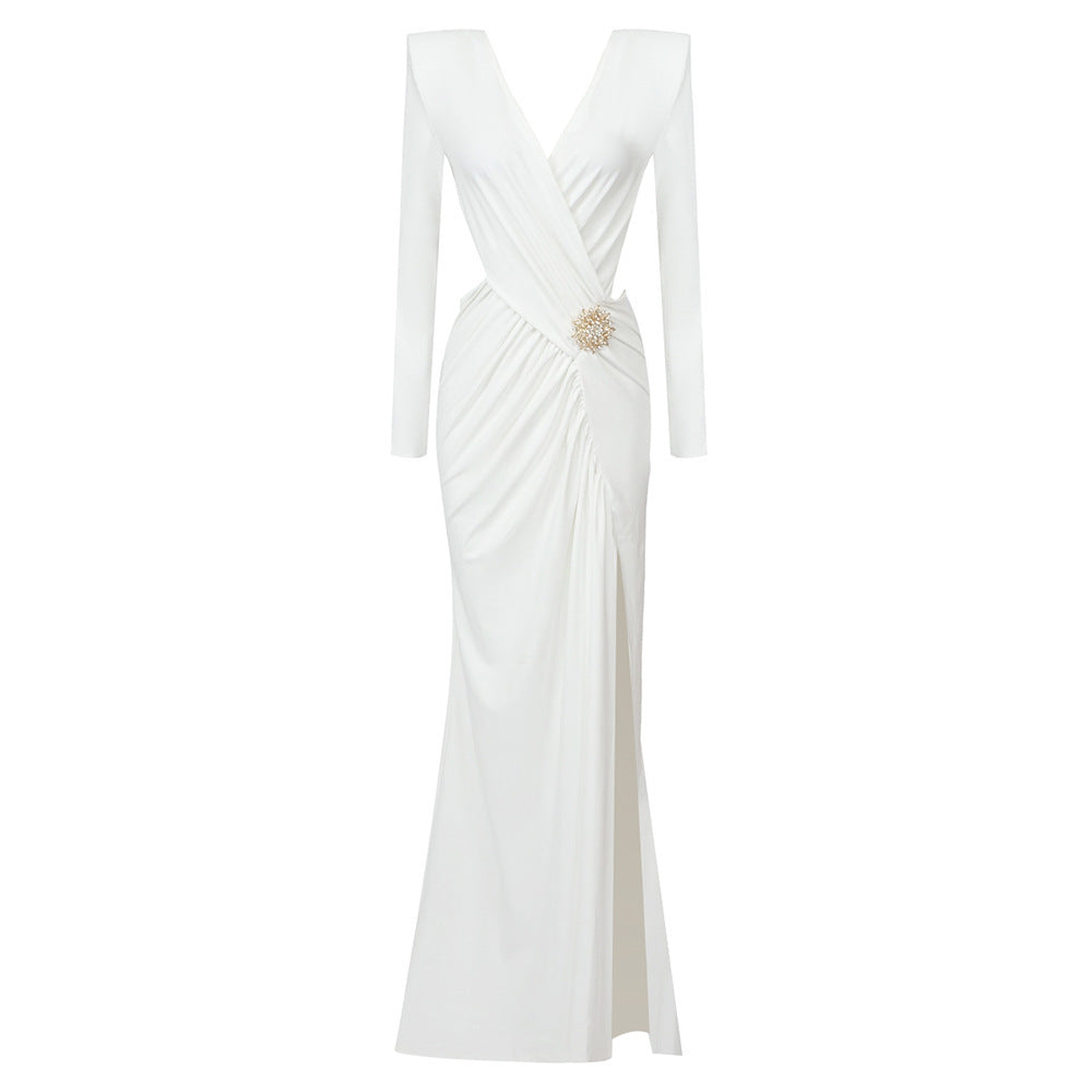 Deep V Diamond Buckle Split Evening Dress — back view