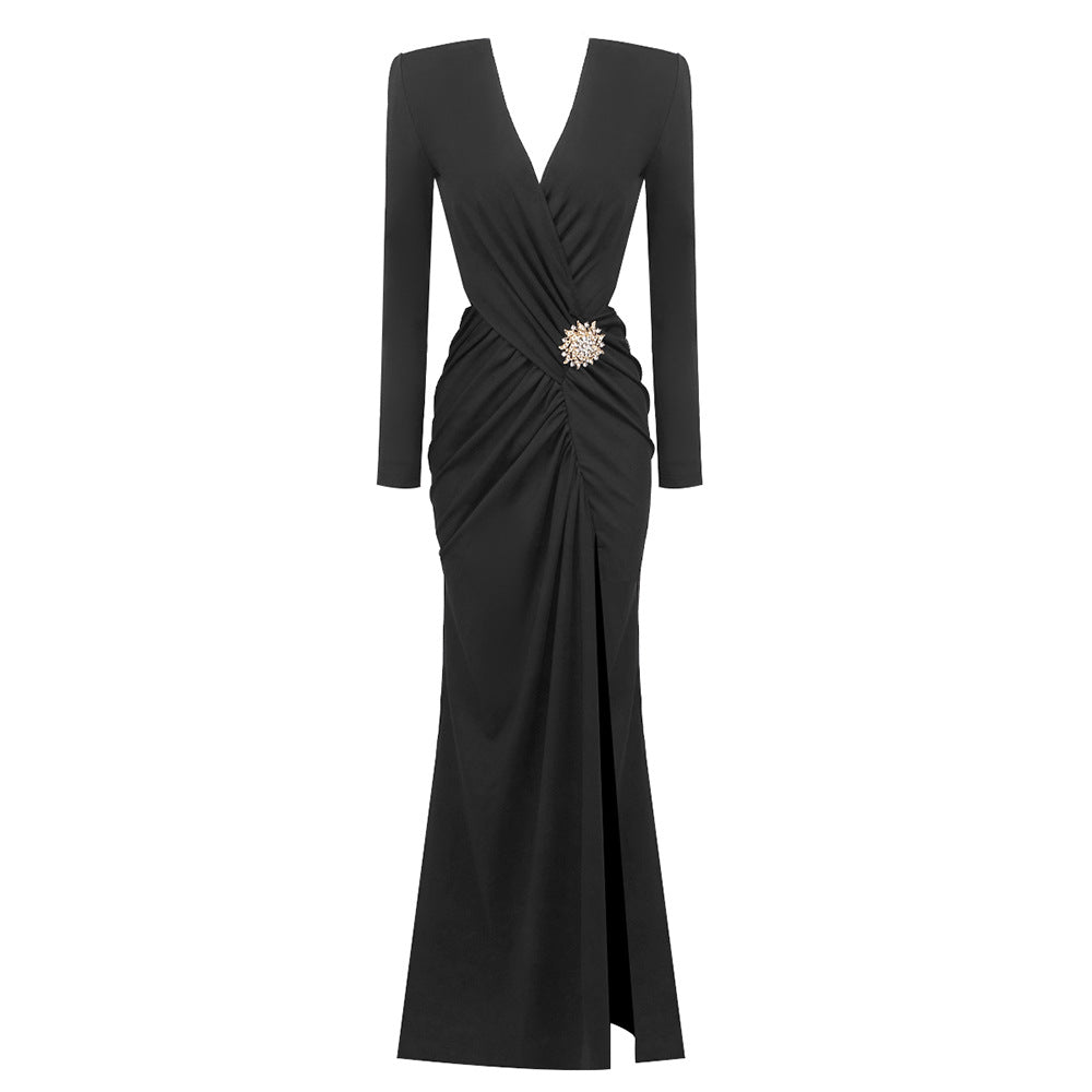 Deep V Diamond Buckle Split Evening Dress — close-up detail