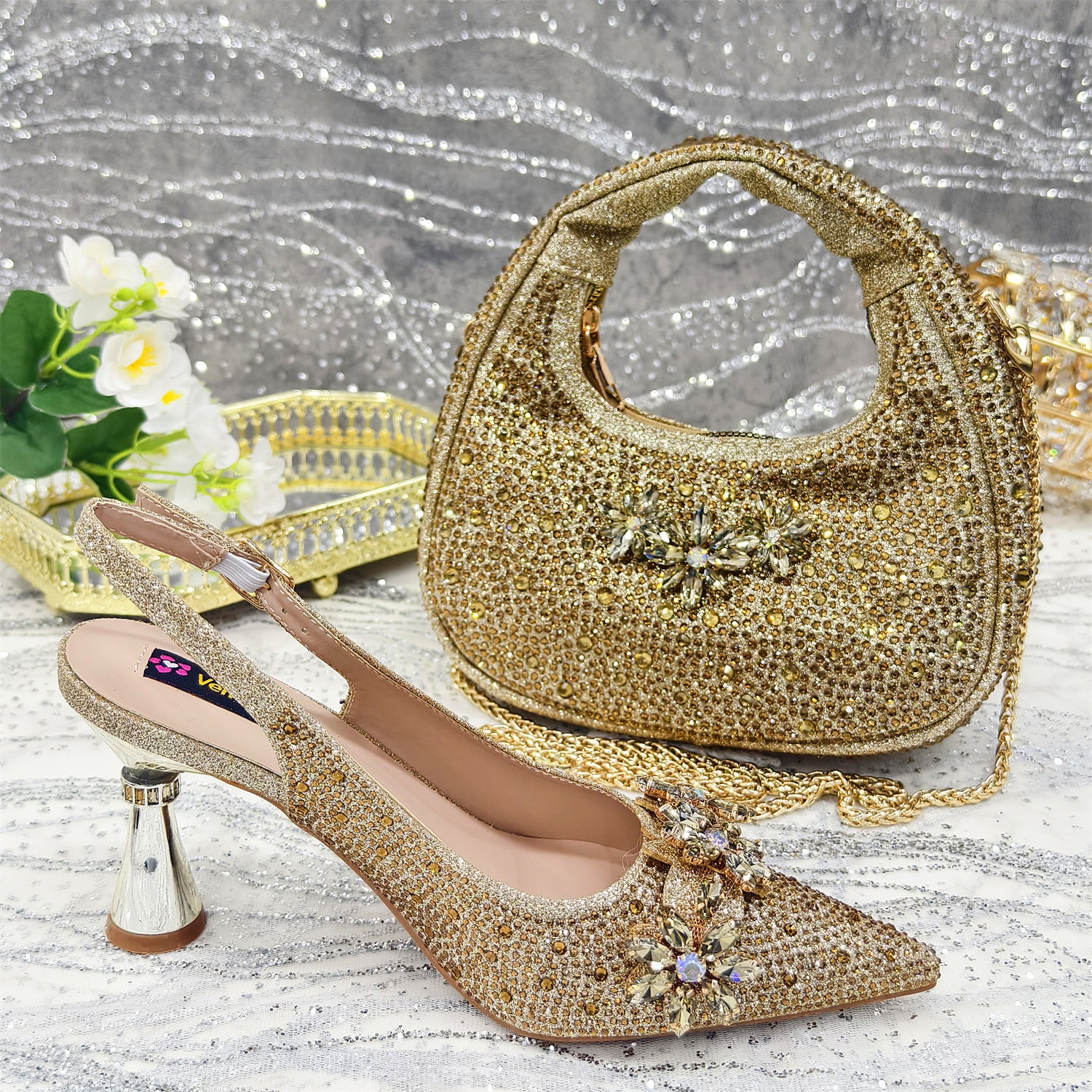 Diamond Pointed-Toe Sandal & Handbag Set — full length