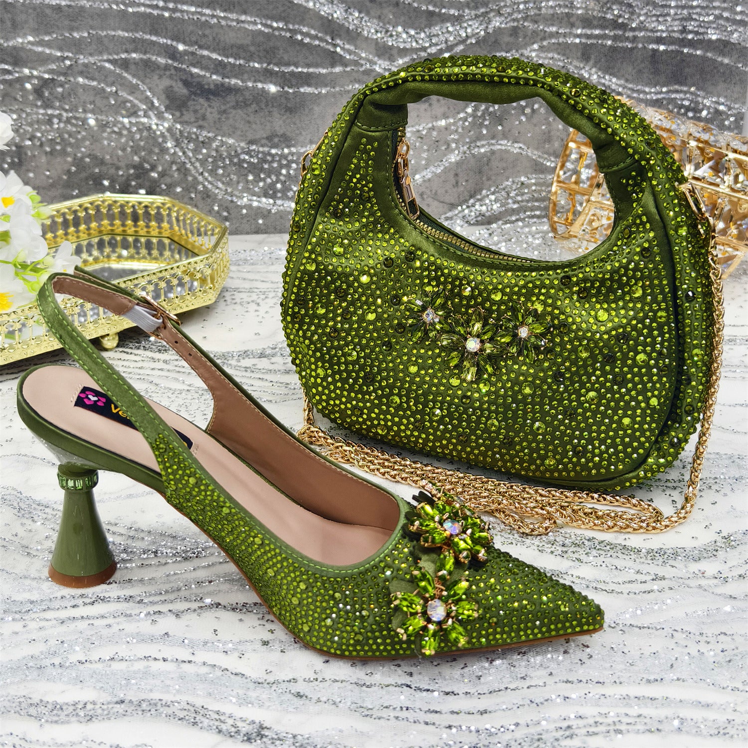 Diamond Pointed-Toe Sandal & Handbag Set — back view