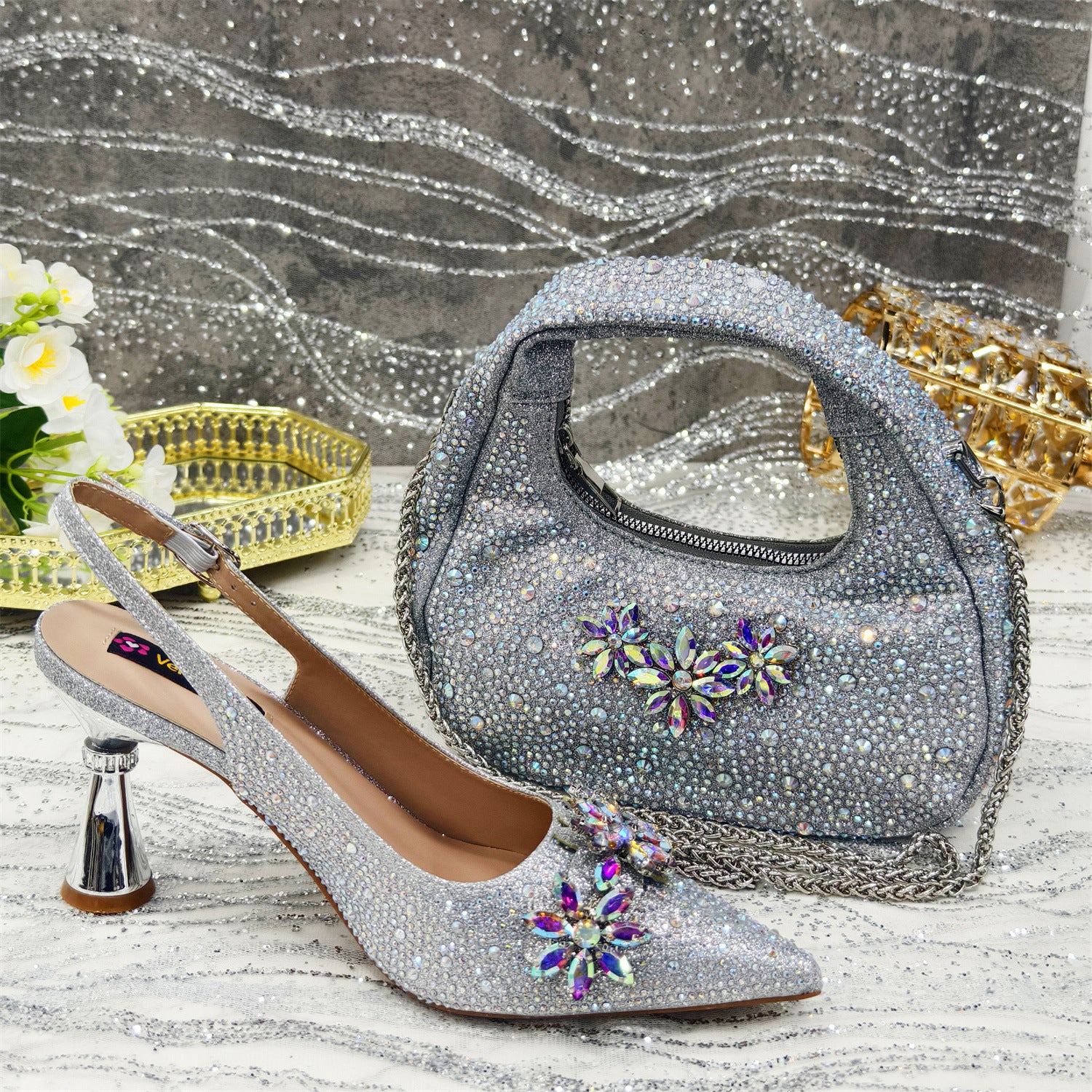 Diamond Pointed-Toe Sandal & Handbag Set — side view