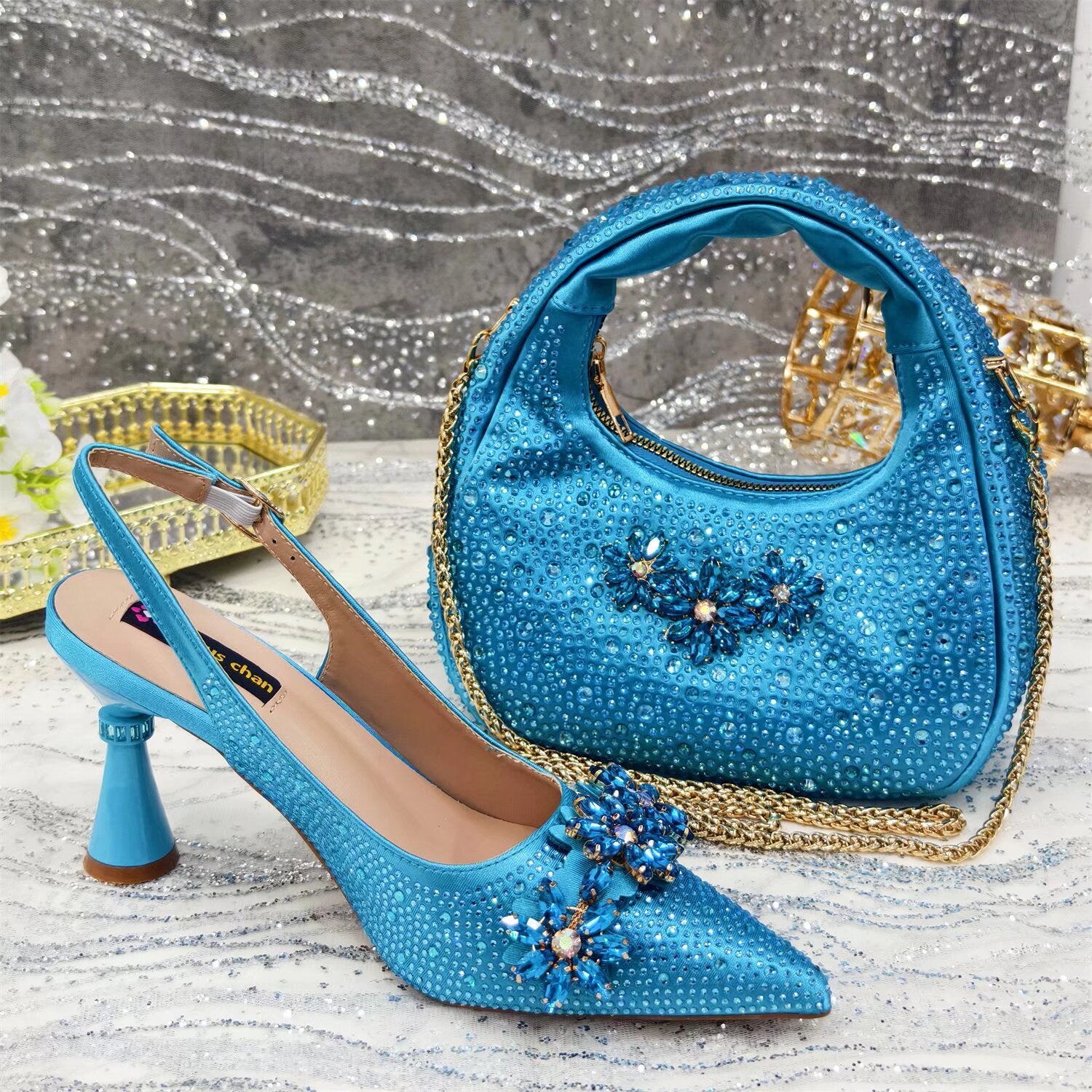 Diamond Pointed-Toe Sandal & Handbag Set — runway angle