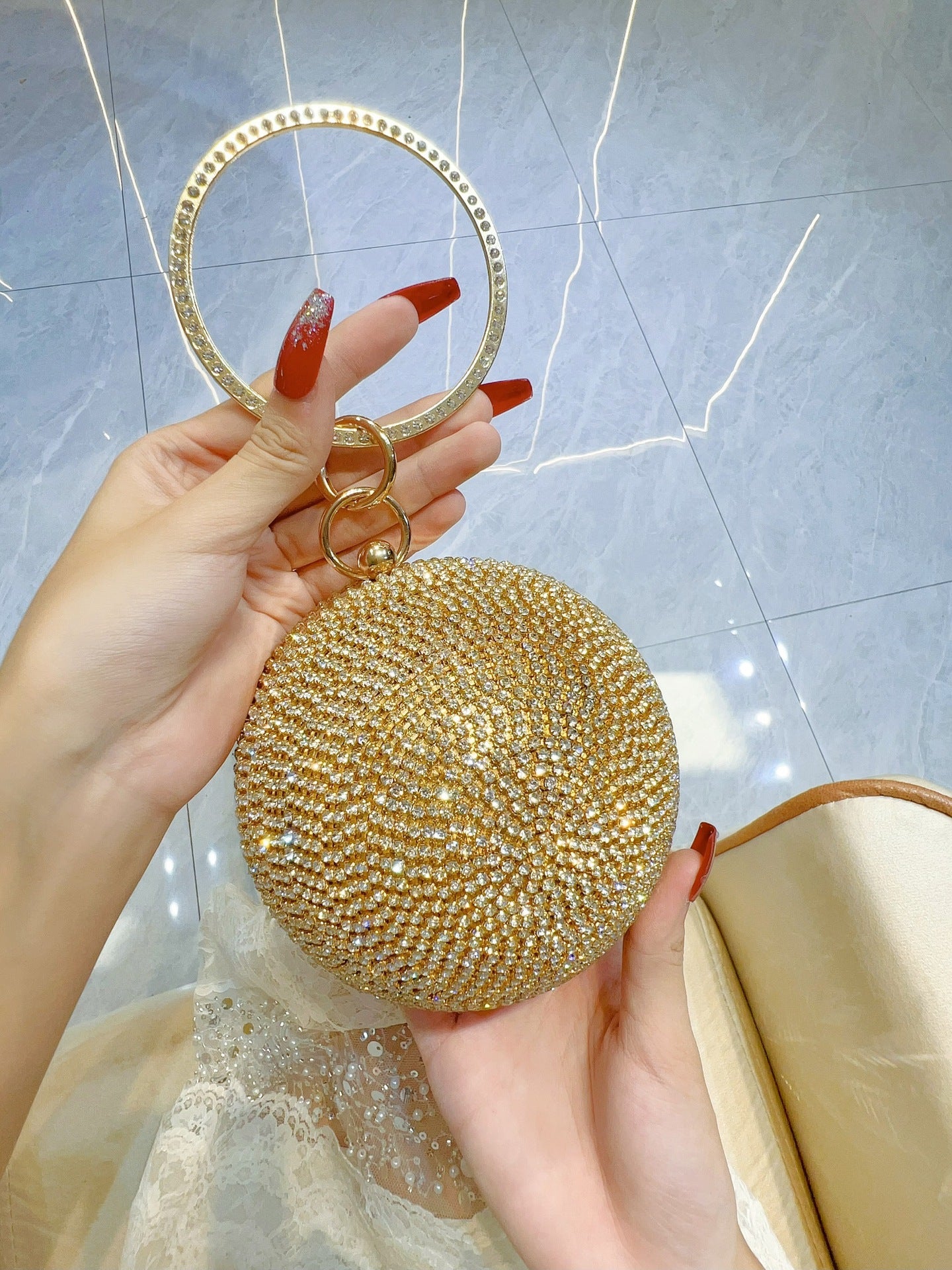 Diamond-Studded Ring-Handle Evening Bag — front view