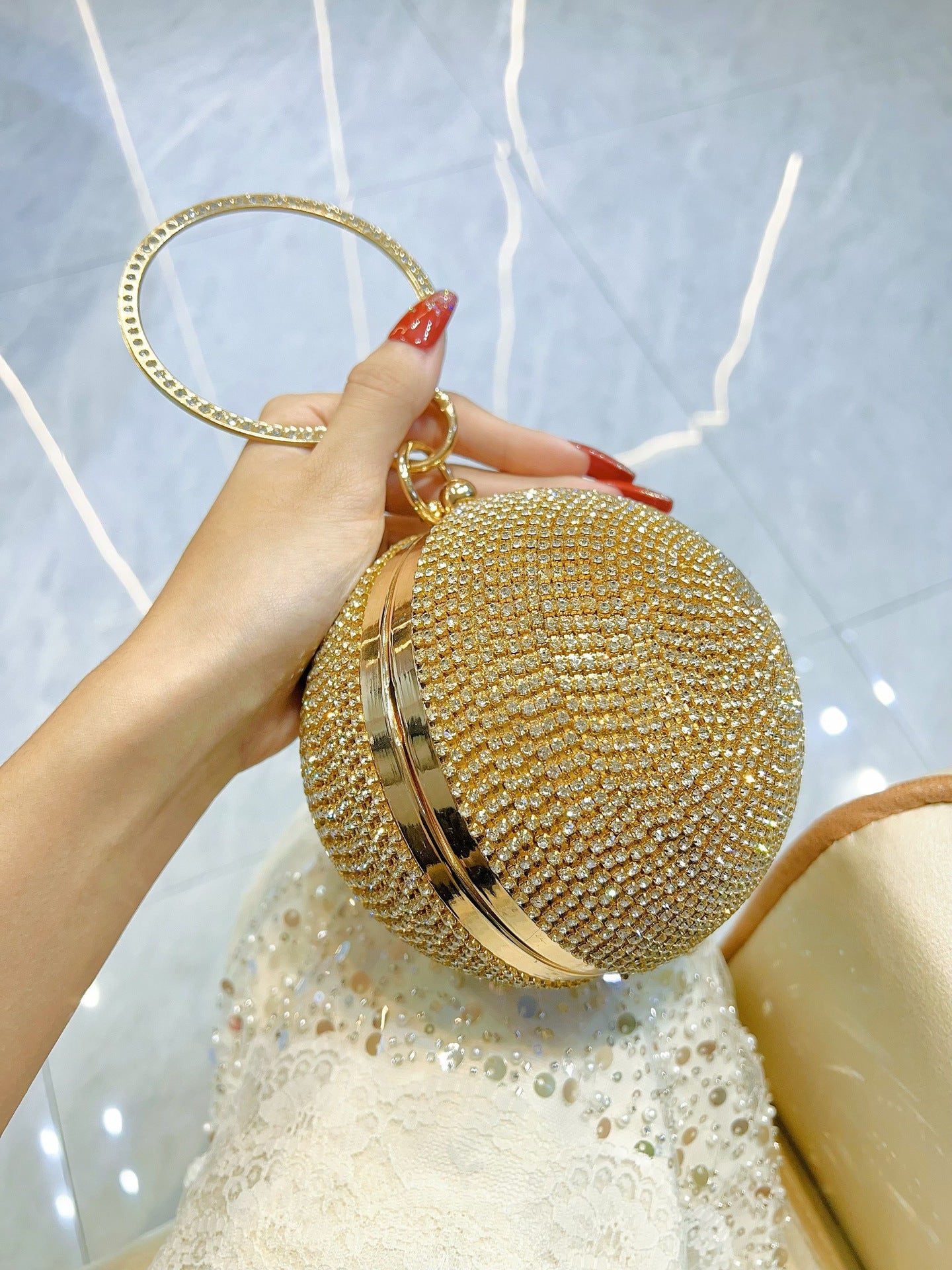 Diamond-Studded Ring-Handle Evening Bag — full length