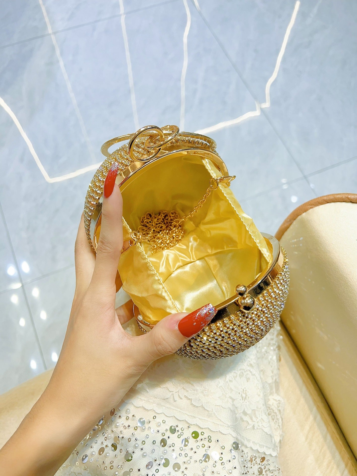 Diamond-Studded Ring-Handle Evening Bag — styled look