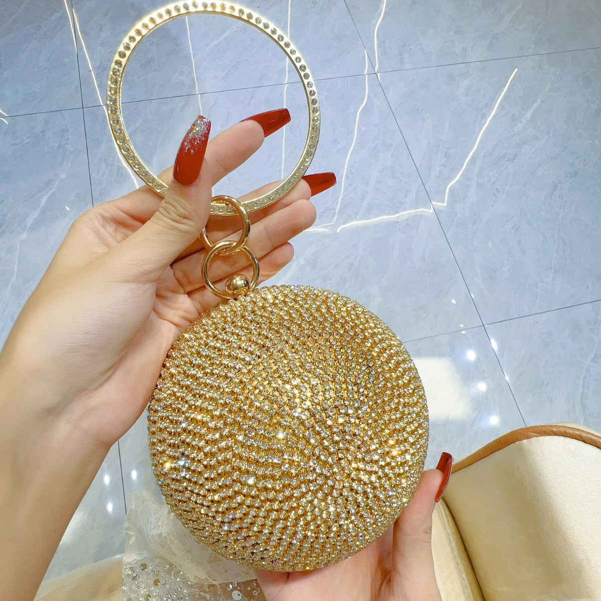Diamond-Studded Ring-Handle Evening Bag — side view