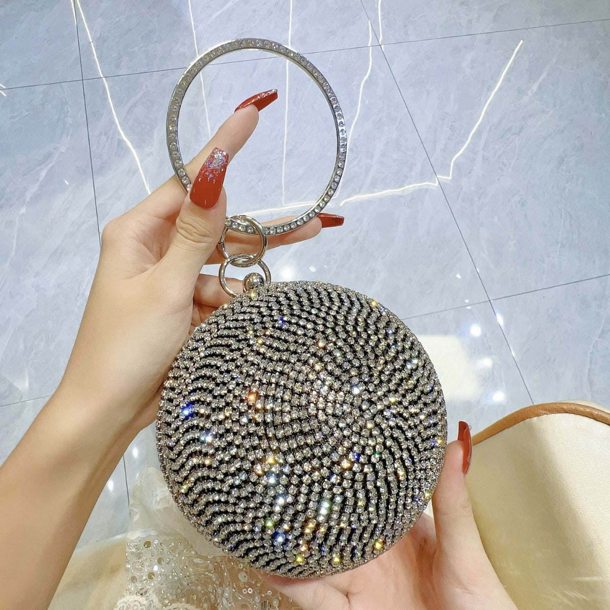 Diamond-Studded Ring-Handle Evening Bag — close-up detail