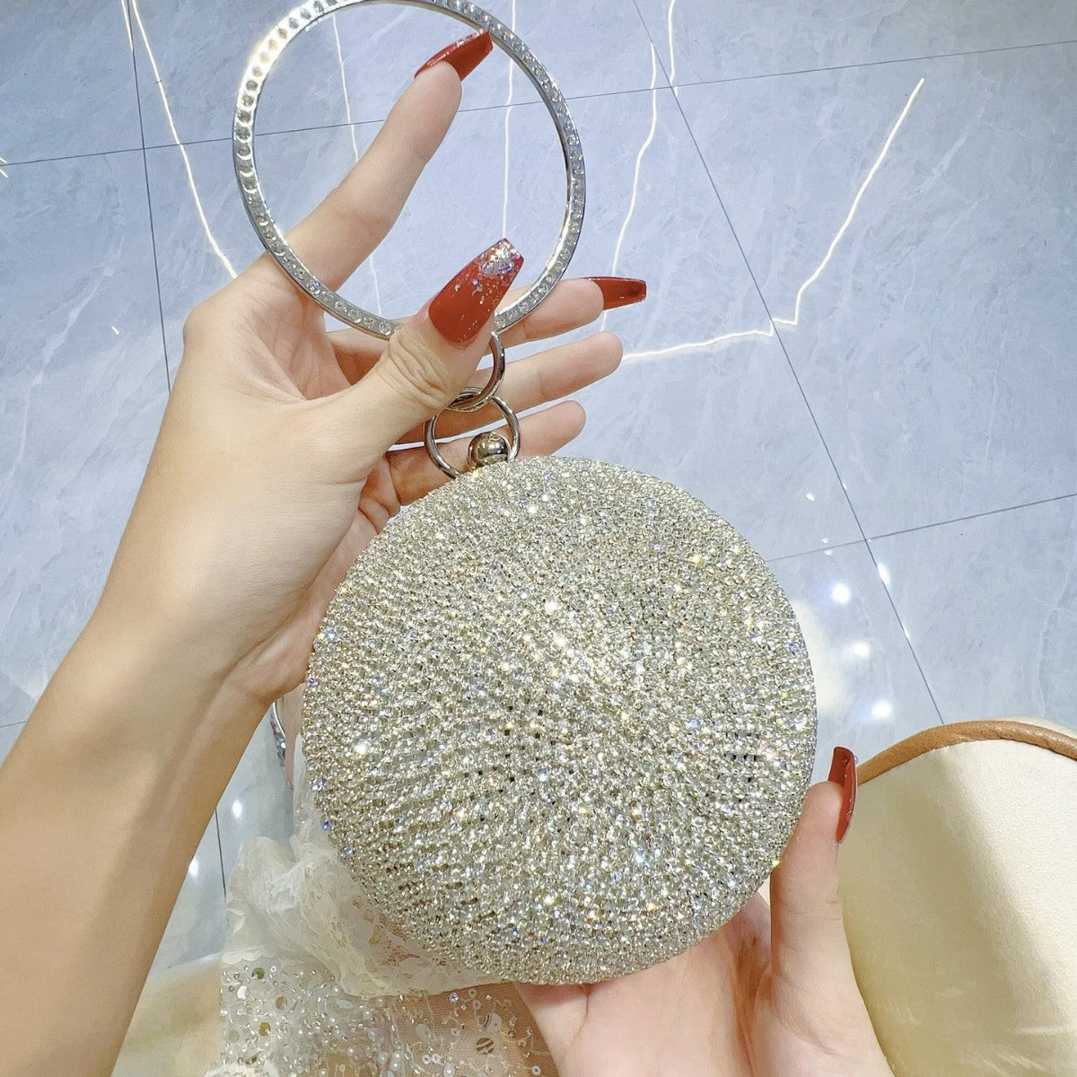 Diamond-Studded Ring-Handle Evening Bag — model wearing
