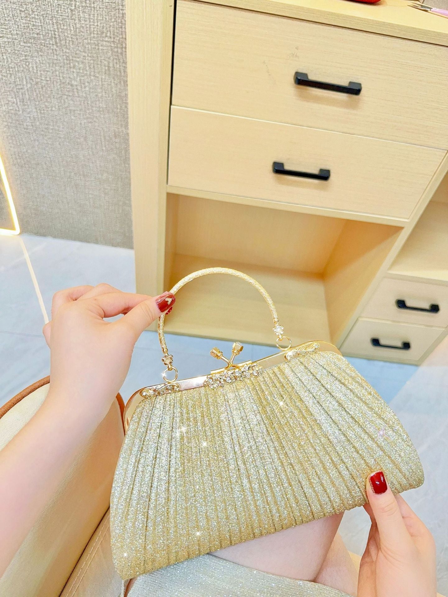 Diamond Tassel Pleated Evening Clutch — front view