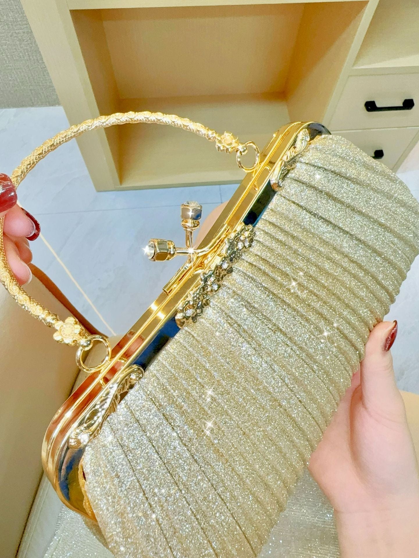 Diamond Tassel Pleated Evening Clutch — full length