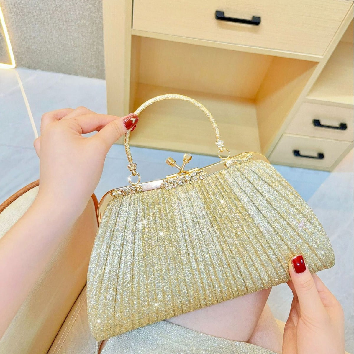 Diamond Tassel Pleated Evening Clutch — side view