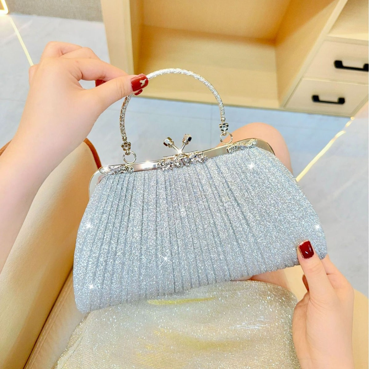 Diamond Tassel Pleated Evening Clutch — close-up detail