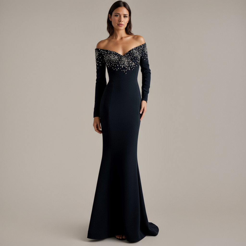 Beaded Off-Shoulder Black Fishtail Gown