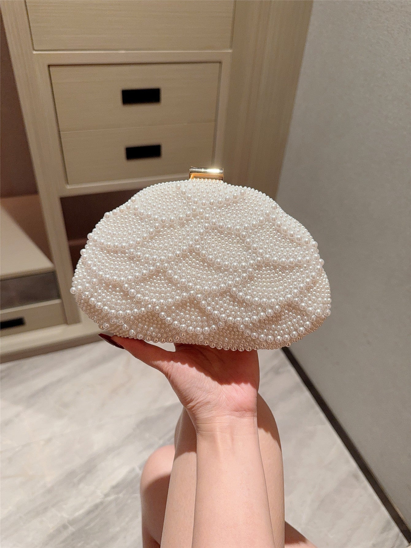 Elegant Italian-Inspired Pearl Evening Clutch — fabric and detail