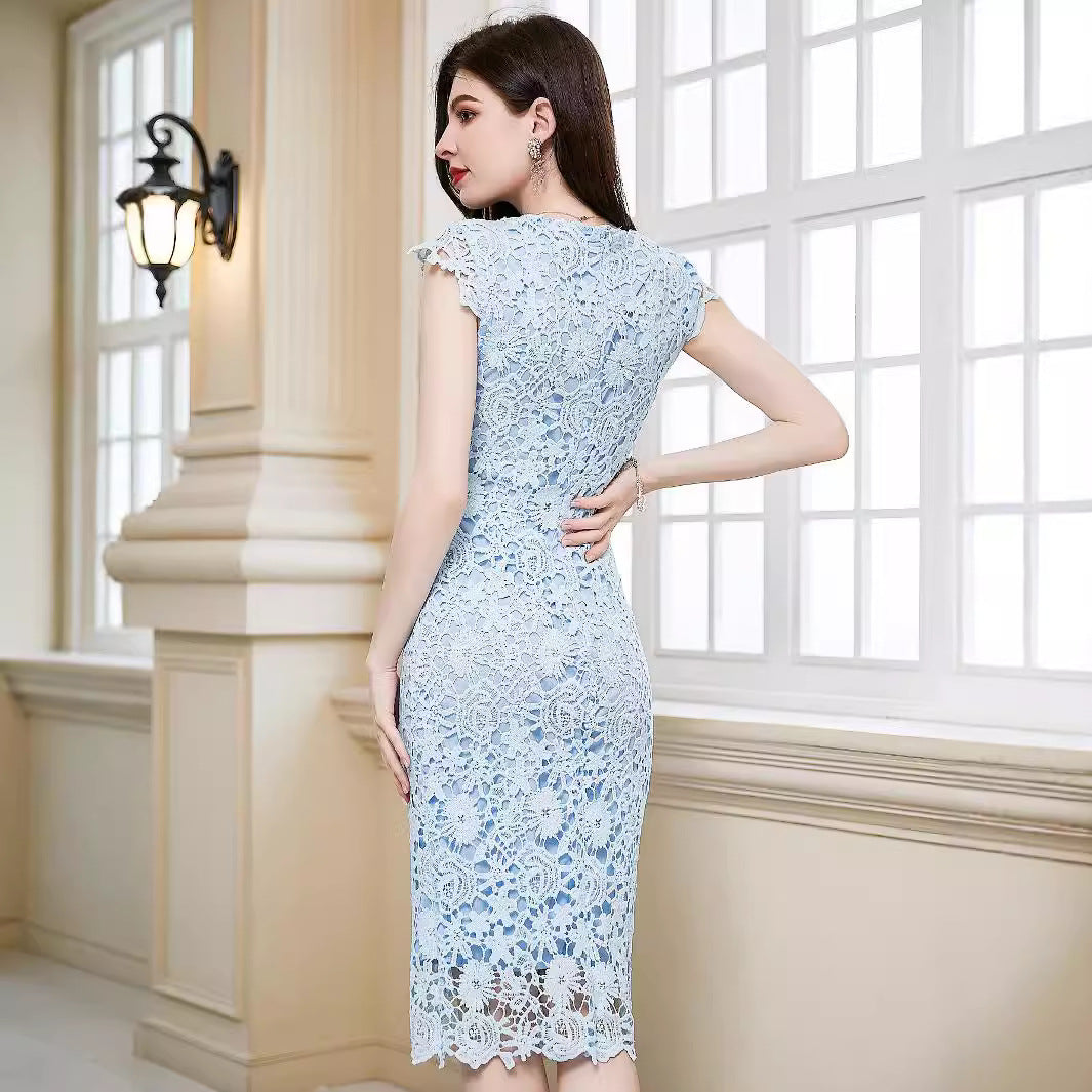 Eliane Light Blue Guipure Lace Pencil Midi Dress - back view