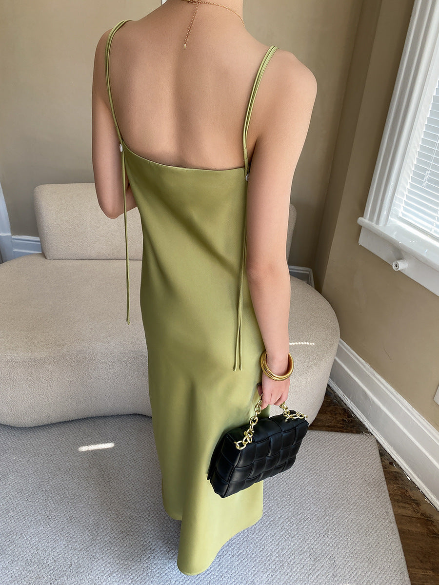 Éloïse Bias-Cut Satin Tie-Strap Slip Midi Dress - back view