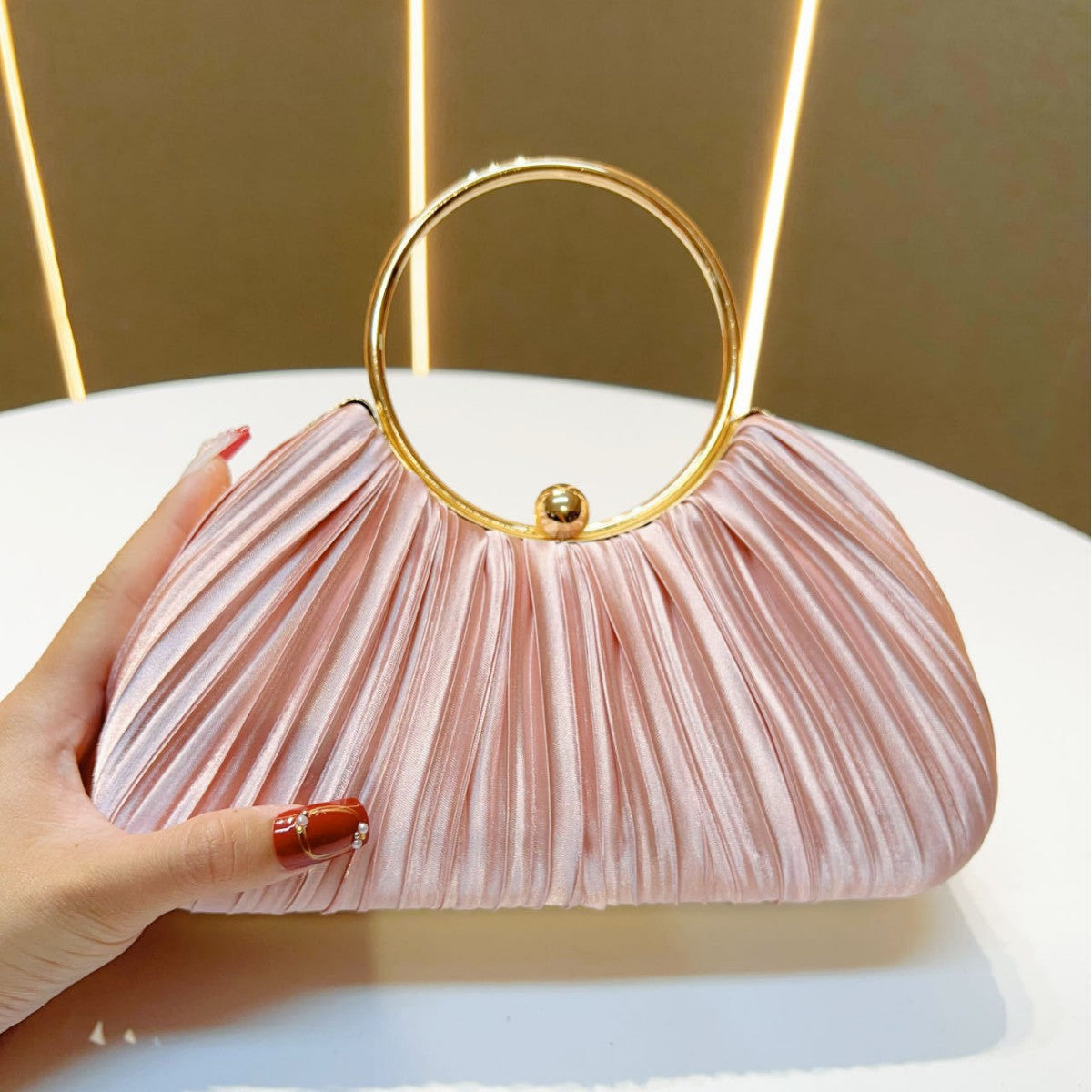 Emmeline Pleated Satin Ring Handle Evening Bag - additional view 10