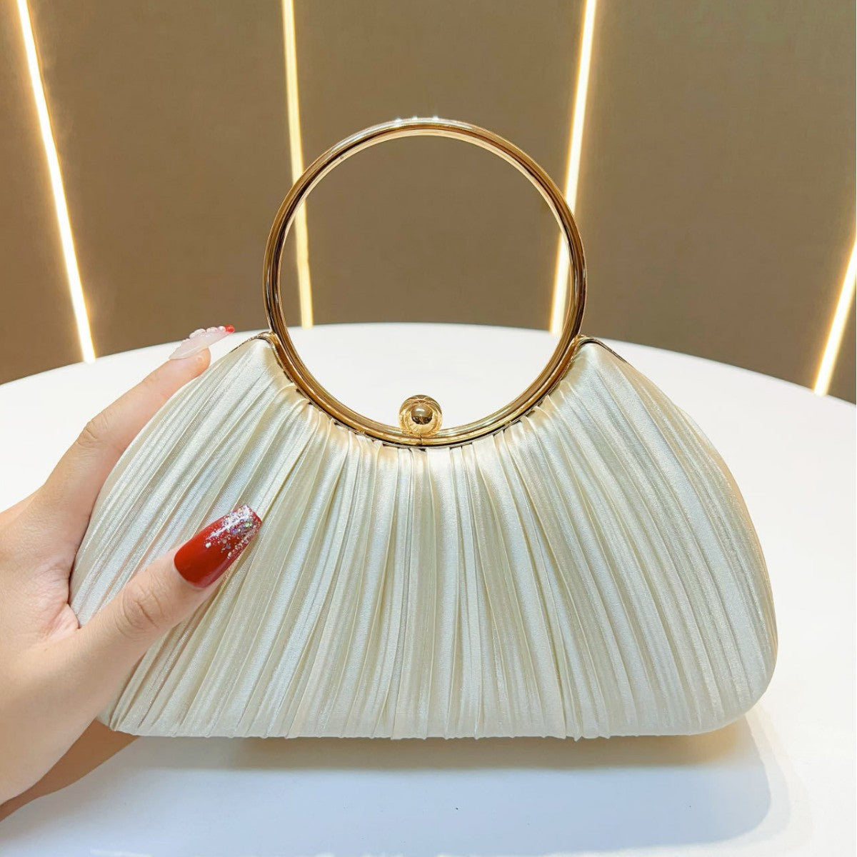 Emmeline Pleated Satin Ring Handle Evening Bag - additional view 6