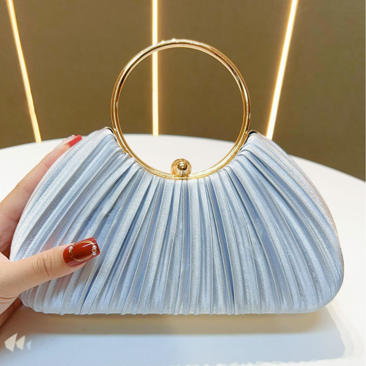 Emmeline Pleated Satin Ring Handle Evening Bag - additional view 7