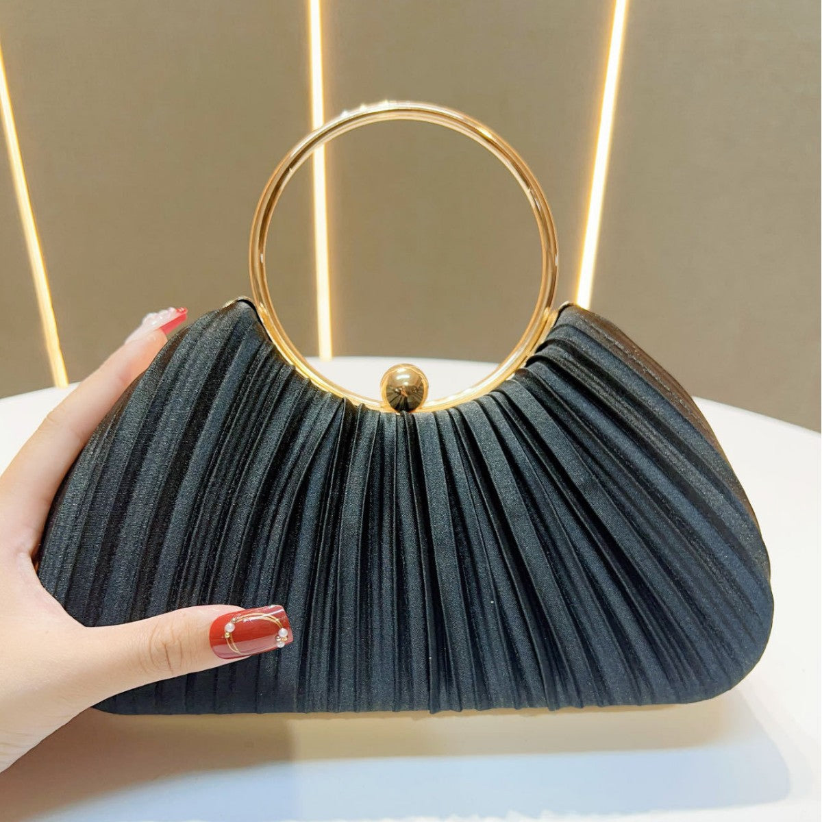 Emmeline Pleated Satin Ring Handle Evening Bag - additional view 8