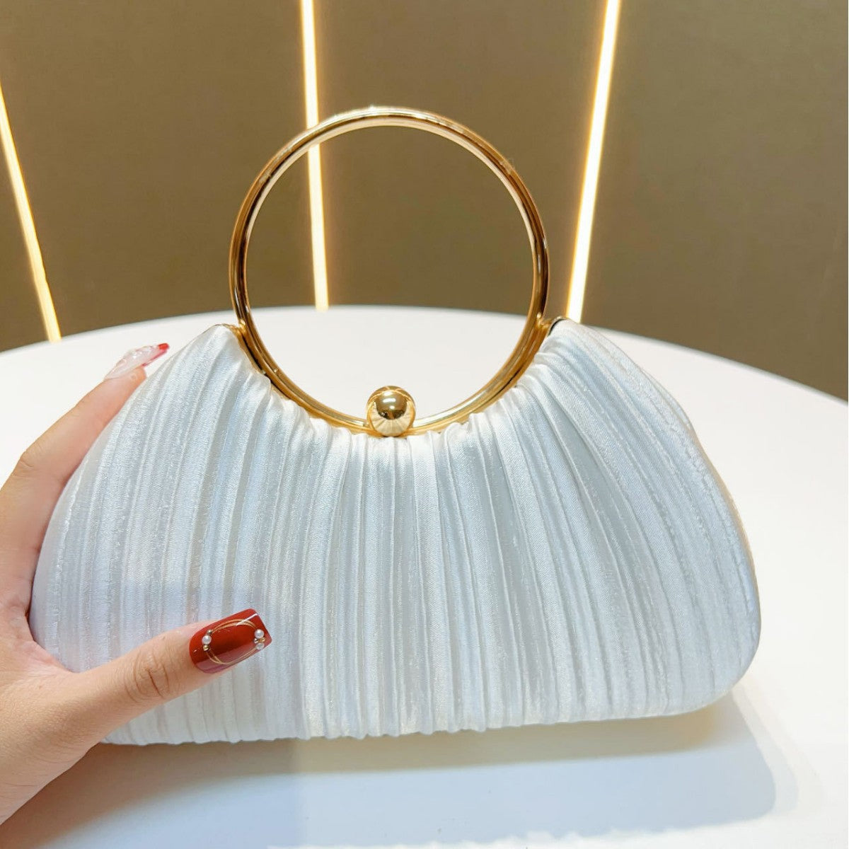 Emmeline Pleated Satin Ring Handle Evening Bag - additional view 9