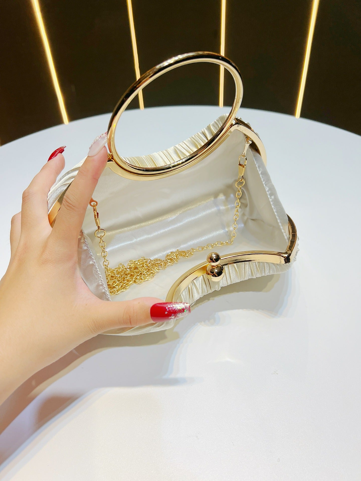 Emmeline Pleated Satin Ring Handle Evening Bag - back view