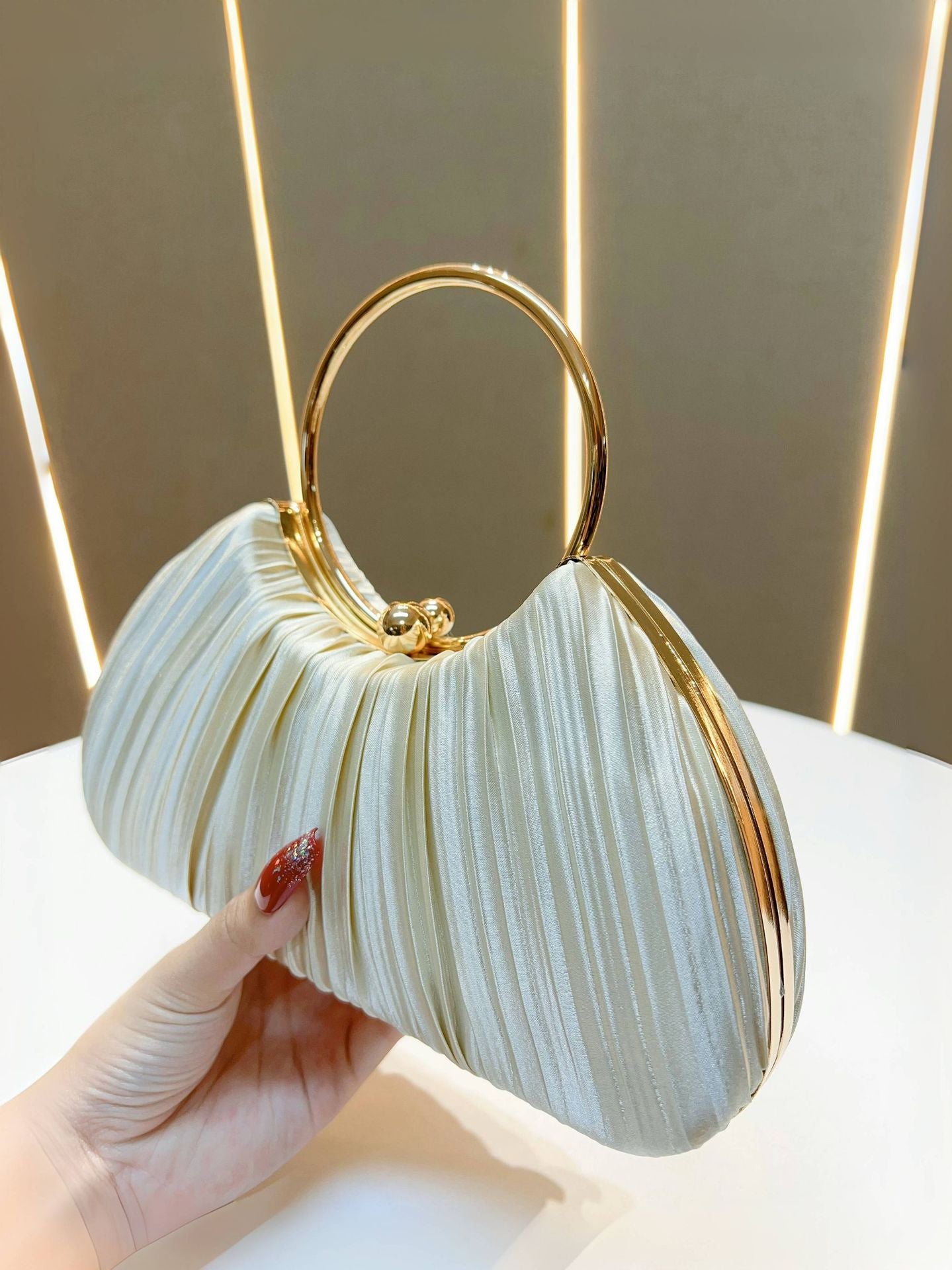 Emmeline Pleated Satin Ring Handle Evening Bag - detail view