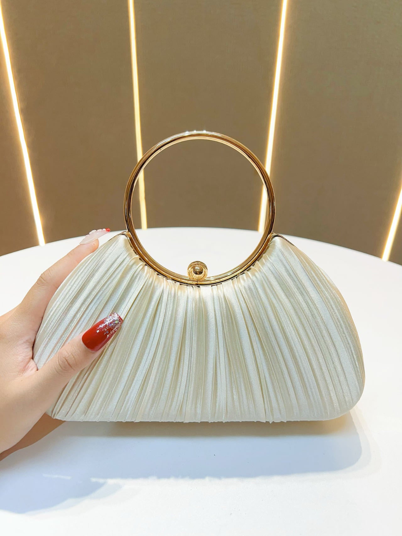 Emmeline Pleated Satin Ring Handle Evening Bag - front view