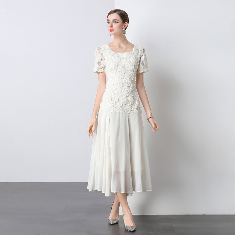 Esmee Apricot 3D Rosette Lace Midi Dress - front view