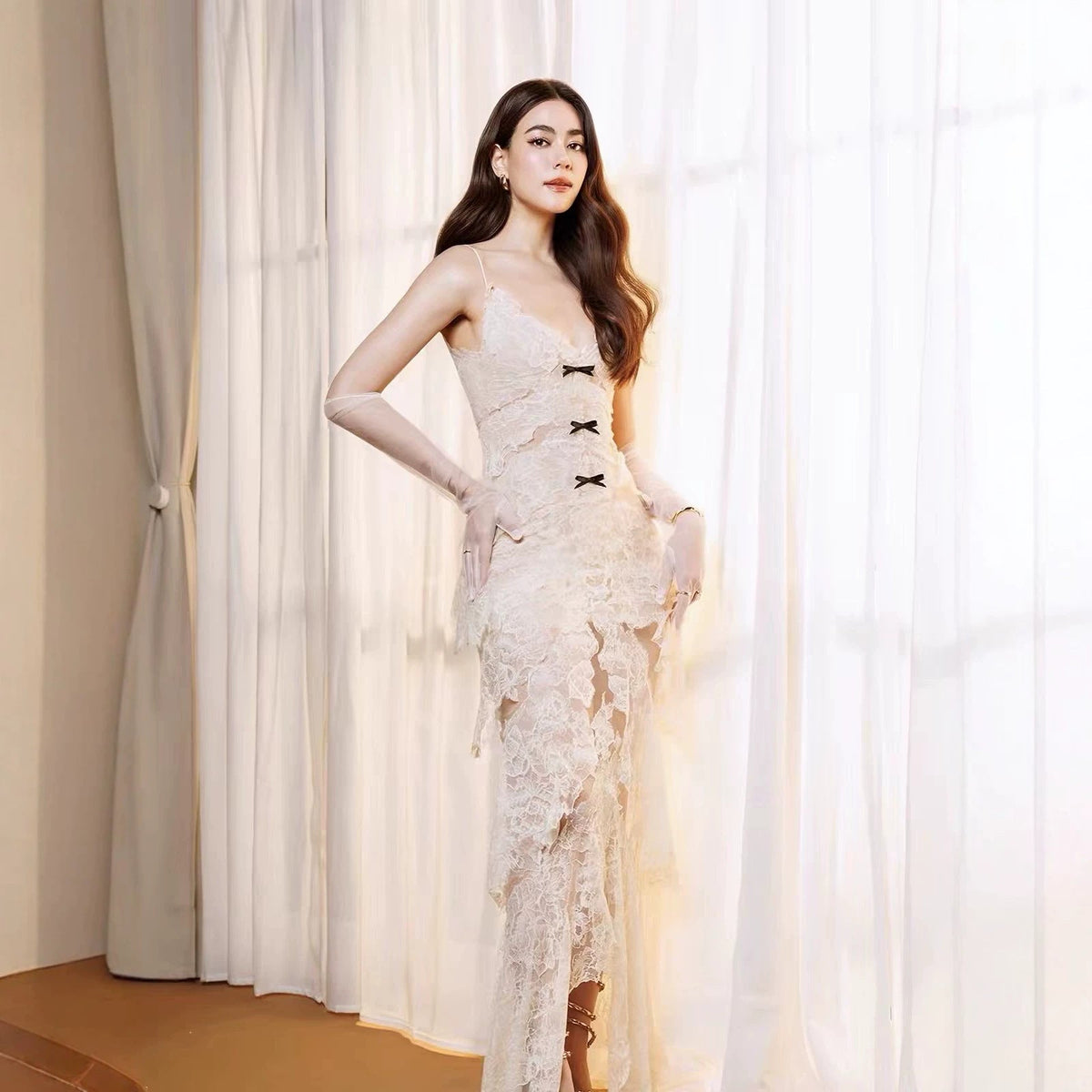 Eudora Lace Slip Dress with Ruffled High-Low Hem - photo 2 | Orabella
