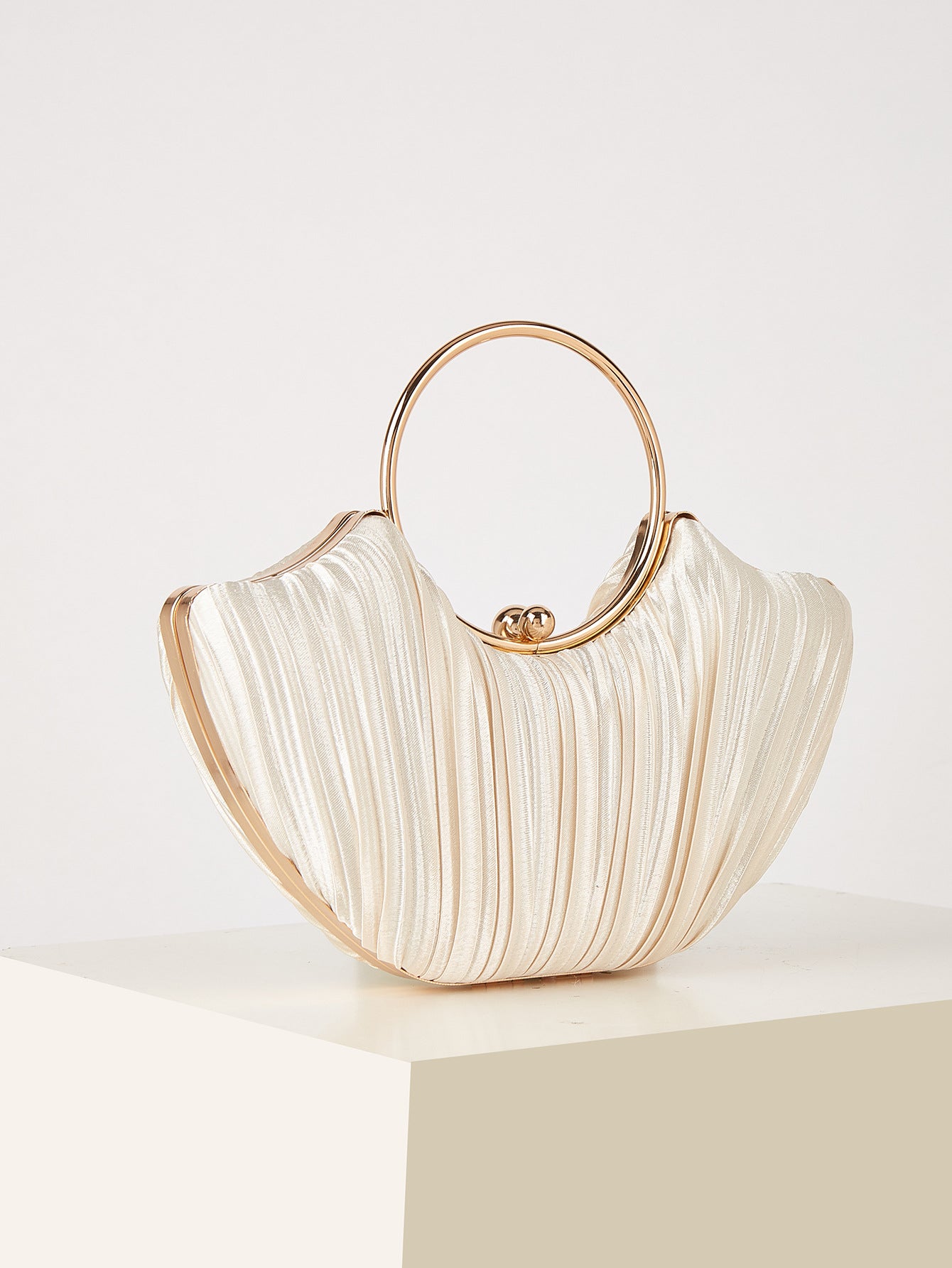Eugenie Ivory Pleated Ring Handle Evening Bag - detail view