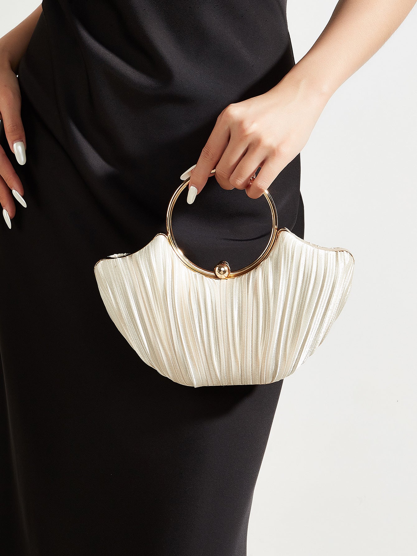 Eugenie Ivory Pleated Ring Handle Evening Bag - front view